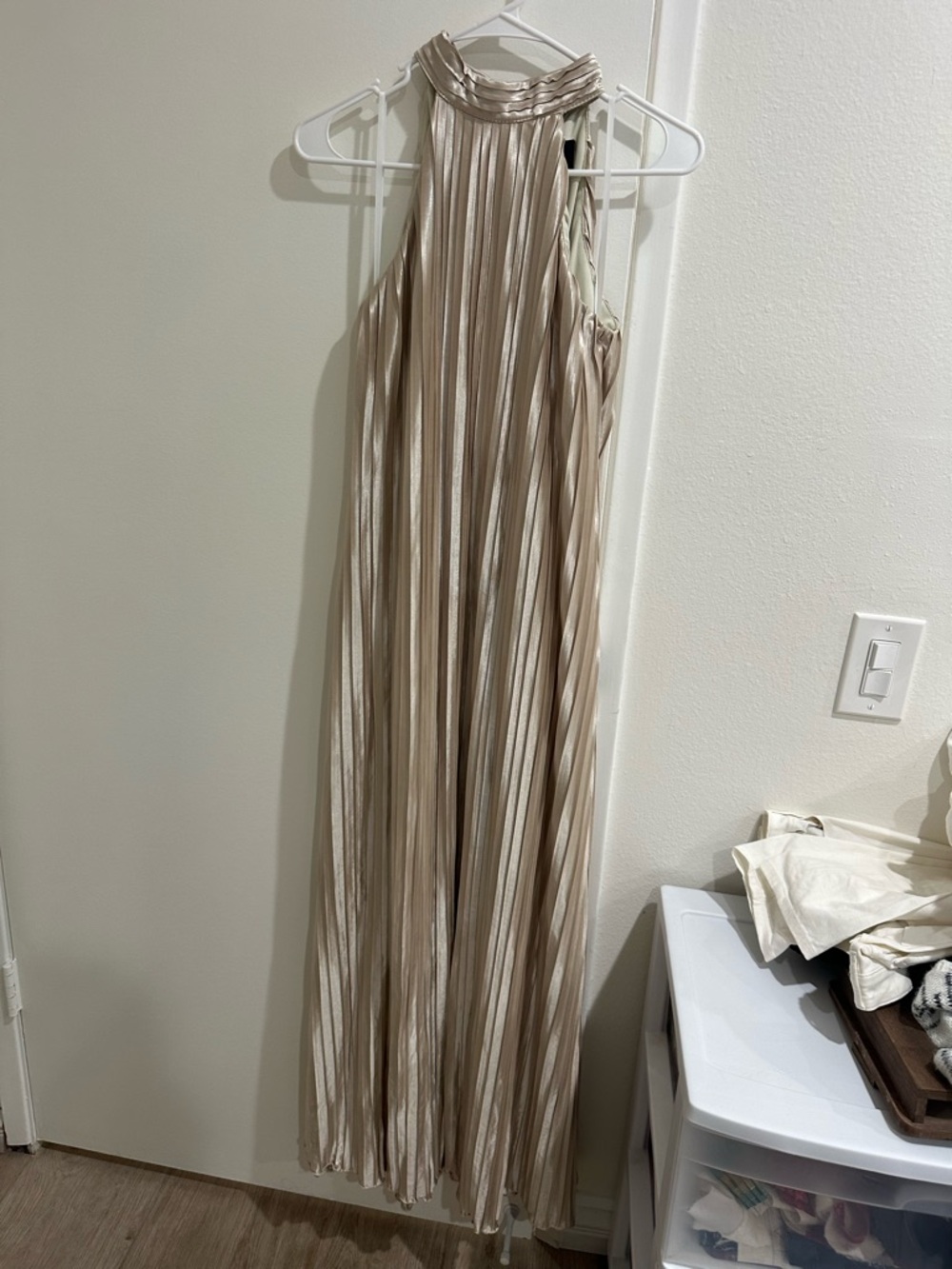 Elegant Pleated Halter long dress in Champagne Beige